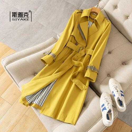 New yellow stitching windbreaker womens spring fashion mid-length over-the-knee slim-fit all-match temperament jacket