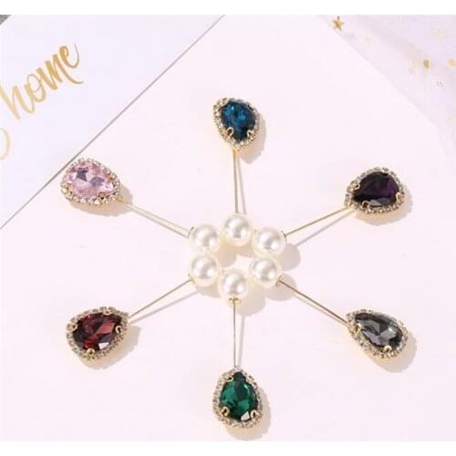 10 pcs/lot grey red green pink blue purple water drop glass crystal & pearl bead charm gold brooch jewelry for woman girl