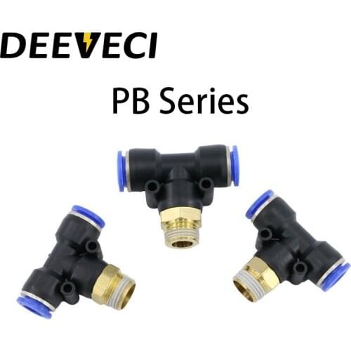 Tee Pneumatic Fittings quick connection-peg T type PB 4 6 8 10 12mm- M5" 1/8" 1/4" 3/8" 1/2" Male threaded