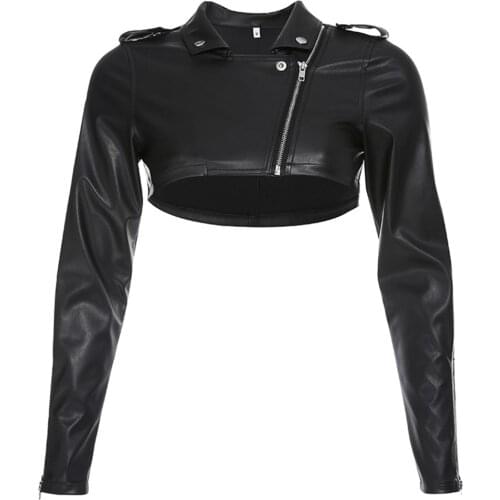 Chic Punk Women Jacket Lapel Collar Diagonal Zip Cuff Buttons Decor Micro Motorcycle Jacket Biker Faux Leather Girl Short Jacket