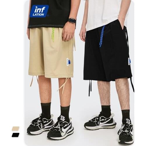 INFLATION Harajuku Casual Short Men 2021 Summer Khaki Cargo Short With Ribbons Men Oversized Hip Hop Short Streetwear 3534S21