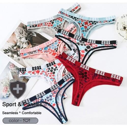 QIWN Sexy Letter Print G-String Sport Panties Women Plus Size Cotton Seamless Thongs Female Low Waist Underwear Lady Lingeries