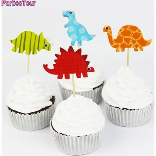 24pcs Dinosaur Theme Cake Toppers Dino Party Cupcake Wrappers Baby ShowerHappy Birthday Party Decorations Kids Favors Cake Flags