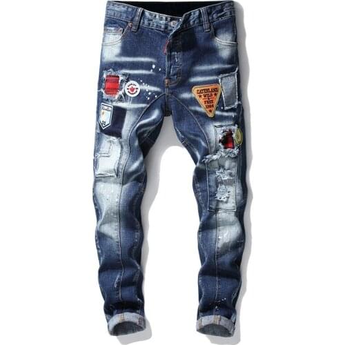 High-quality Mens Jeans Mid-waist Button Placket Mens Trousers Applique Hole Decoration Trend Straight-leg Pants