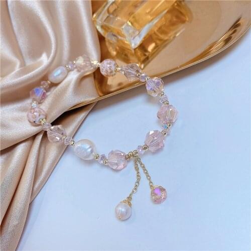 Elegant Waterdrop Pendant Natural Freshwater Pearls Pink Crystal Beaded Strand Bracelets for Women Female Fashion Jewelry YBR513