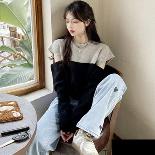 Sexy Chic Shoulder Strapless Design Sweater Autumn 2021 Hit Color O Neck Pullover Fashion Tide Loose Knitted Women Tops