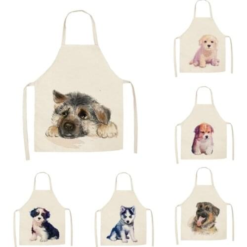 1Pcs Kitchen Apron Cartoon Cute Dog Printed Sleeveless Cotton Linen Aprons for Men Women Home Cleaning Tools 55*68cm
