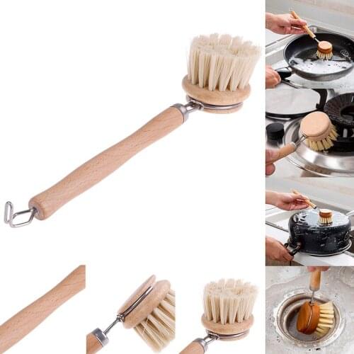 1pc Wooden Long Handle Pan Pot Brush Dish Bowl Washing Cleaning Brush Household Kitchen Cleaning Tools