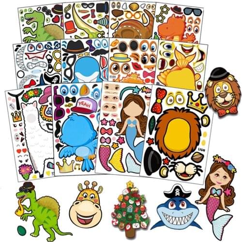 4 Sheet Children Cartoon Stickers DIY Animal Dinosaur Princess Craft Toys Girls Boys Favor Gift Reusable Assemble Jigsaw Sticker