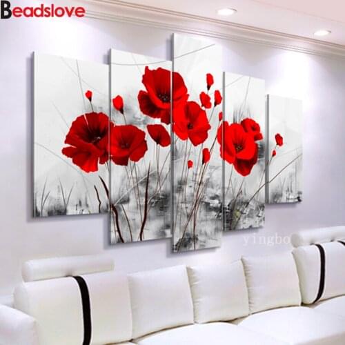 5d Diamond Painting Full drill Square Round 5pcs Red poppy flower abstract DIY Diamond Embroidery Mosaic Cross stitch Decoration