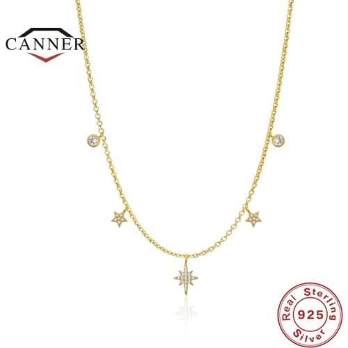 CANNER 925 Sterling Silver Necklace for Women Star Zircon Octagonal Stacking Exquisite Ladies Chain Necklaces Jewelry Collares