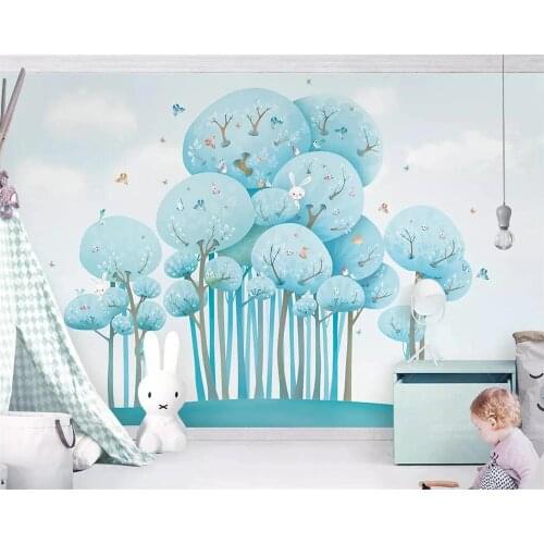 Beibehang Custom wallpaper blue cute cartoon forest rabbit bird children room background walls decoration mural 3d wallpaper