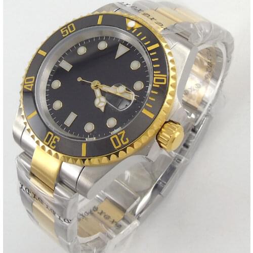 40mm Black Sterile Dial Sapphire Glass Date Yellow Gold Plated Steel Bracelet Genuine NH35 MIYOTA 8215 Movement Mens Watch