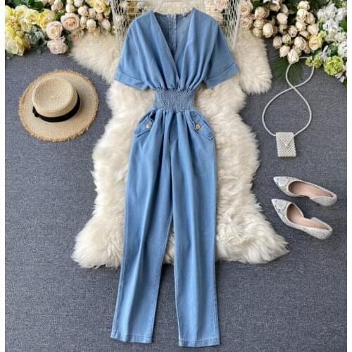 Womens spring summer elastic high waist denim jumpsuit female wide leg ve neck jean pants overall TB291