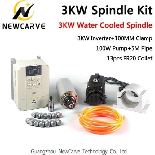 Kit 3KW 220V 100mm CNC Router Water Cooled Spindle Motor + VFD+100mm Clamp+100w Water Pump/pipe+13pcs ER20 Newcarve
