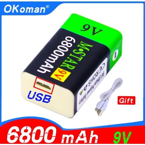 High Capacity USB Battery 9V 6800mAh Rechargeable Li-ion Battery USB Lithium Battery for toy remote control drop shipping