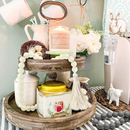 MLGB Boho Home Decor Wood Bead Garland Farmhouse Rustic Beads with Jute Rope Plaid Natural Wood Beads for Home 3 Pieces