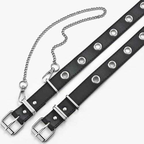 Fashion Harajuku Women Punk Chain Belt Adjustable Black Single Eyelet Grommet Metal Buckle Leather Waistband For Jeans