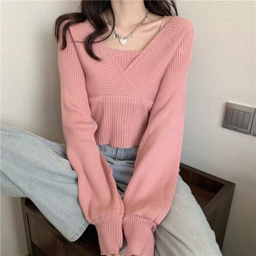 Fashion Short Crop Top Slim Slimming Solid Knitted Sweater Square Neck Casual Fake Two-Piece Thin Camisole Tank Top