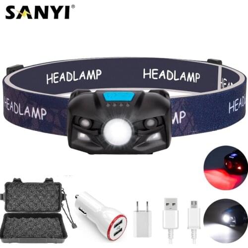Powerful LED Headlamp Headlight White Red Led Head Lamp USB Rechargeable Flashlight Torch Motion Sensor Head Light With Battery