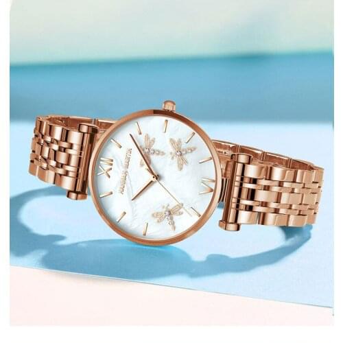 2021 New Design Japan Akoya Pearl Shell Dragonfly Ladies Luxury Diamonds Scallop Stainless Steel Watches For Women Drop Shipping