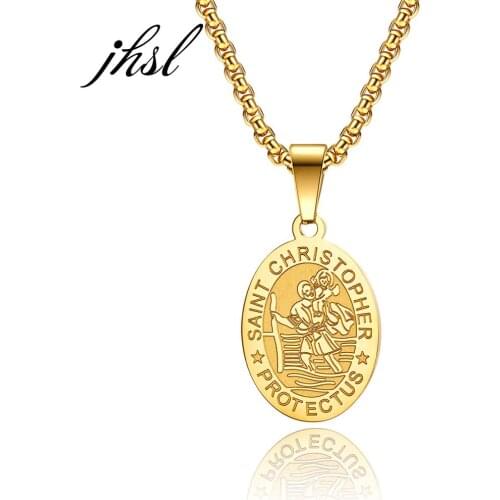 JHSL Men Necklaces Oval Pendants Classic Saint Christopher Jesus Male Boy Fashion Jewelry Stainless Steel Chain Christmas Gift