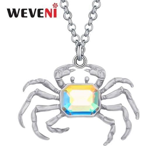 WEVENI Crystal Alloy Plated Antique Gold Crab Necklace Cute Animal Pendant Jewelry For Women Girl Teen Fashion Gift Accessories