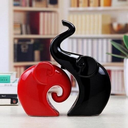 Pair of Elephant Figurine Black & Red Ceramic Pottery Ornaments Home Decorations