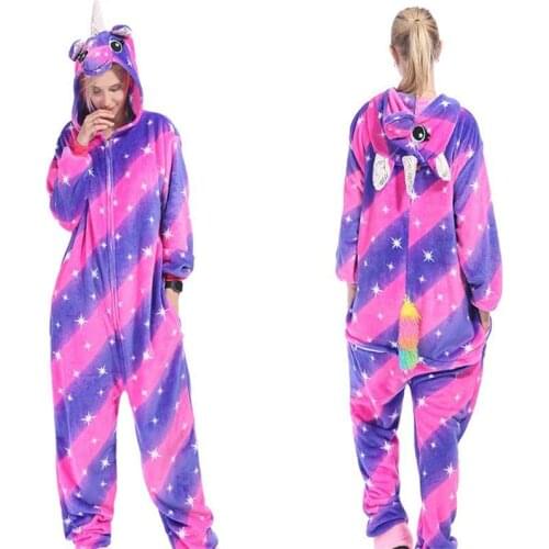 Colorful Star Unicorn Onesies Cartoon Kigurumi Adult Animal Jumpsuit Women Pajamas Winter Pajamas Suit Sleepwear Flannel Pijamas