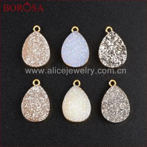 BOROSA 10pcs Druzy Jewelry Drop Gold Color Natural Crystal Titanium Druzy Charm Pendant For Necklace Earrings Bracelet G1180