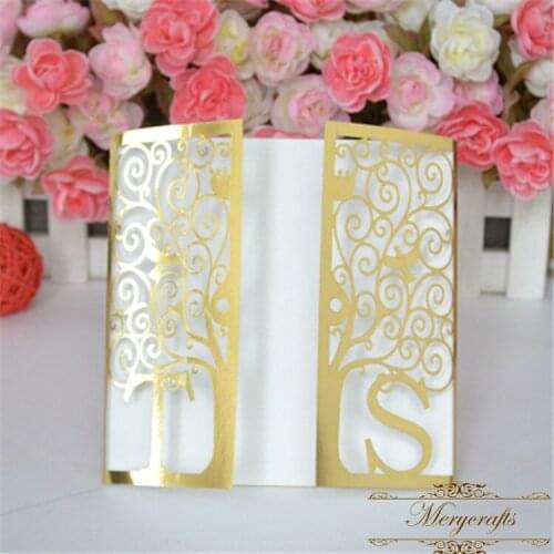 Invitation card initials design laser cut metallic gold personalize invitation wedding card