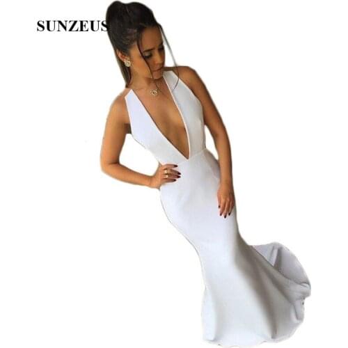 Sexy Deep V Neck Prom Dresses White Jersey Mermaid Long Prom Gowns Backless Girls Graduation Party Dress Long robe soiree