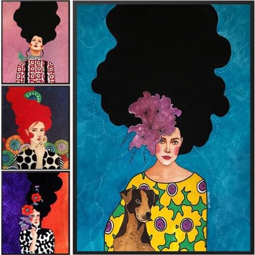 Vintage Girl Long Hair Flower Wall Art Abstract Women Canvas Painting Prints and Pictures Poster for Living Room Home Decor