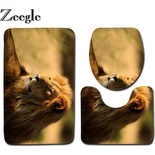 Zeegle Lion Pattern Bathroom Carpets Set 3pcs Bath Mat Set Anti-slip Mat For Bathroom Absorbent Bathroom Rugs Toilet Lid Cover