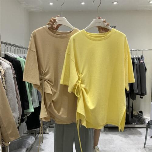 Bandage Short-sleeved T-shirt Women 2021 Summer New Korean Fashion All-match Blouse Solid Color Woman Tshirts