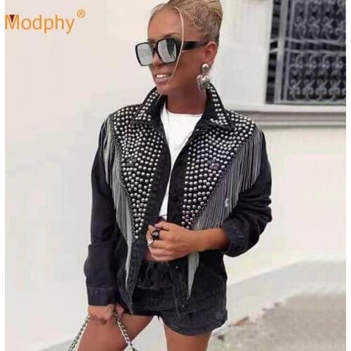 Heavy Rivet Tassel Women Denim Jacket Single-Breasted Loose Jeans Jacket Coats 2020 Autumn Fashion New Female Clothing