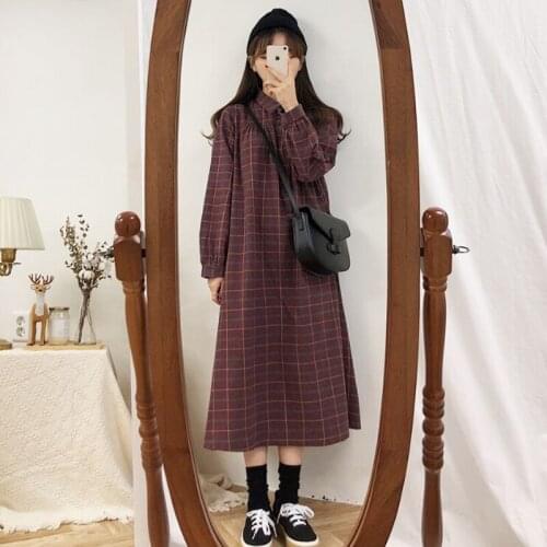 Autumn 2021 Winter Women Dress Loose Plaid Ladies Robe Vintage Long Sleeve Female Dress Oversize Brand Dresses Clothing KE261