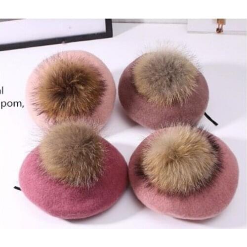 Winter women casual wool berets caps Thick warm hat Raccoon fur pom pom knitted cashmere berets hats Winter girls cap