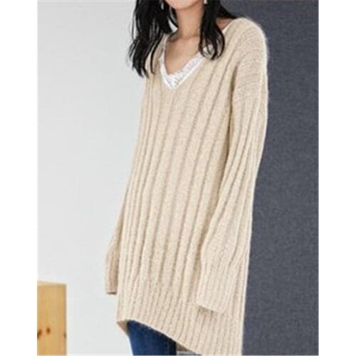 100% hand made merino wool bump stripe knit women vneck wide loose long pullover sweater black 7color customized