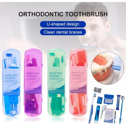 8pcs Orthodontic Dental Care Kit Set Braces Toothbrush Foldable Dental Mirror Interdental Brush with Carrying Case Oral Tools