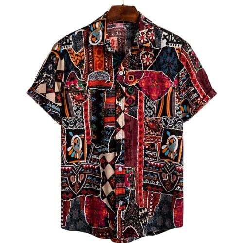 Aloha Shirt Mens Ethnic Style Print Turn Down Collar Shirts Short Sleeve Shirts Cotton Linen Hawaiian Shirt Loose Summer Tops