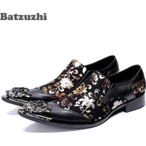 Batzuzhi Italian Model Men Shoes Fashion Black Leather Business Shoes Men Pointed Dragon Metal Tip Party, Prom zapatos de hombre