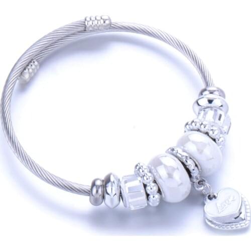 10Pcs/Lot Stainless Steel Charm Women Bracelet Love Crystal Bead Female Cuff Bracelets & Bangles Jewelry Valentines Gift