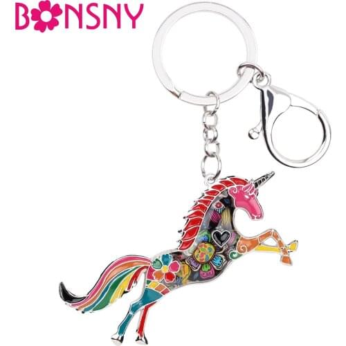 Bonsny Enamel Alloy Horse Unicorn Key Chain Key Ring Handbag Bag Charm Keychain Accessories New Fashion Animal Jewelry For Women