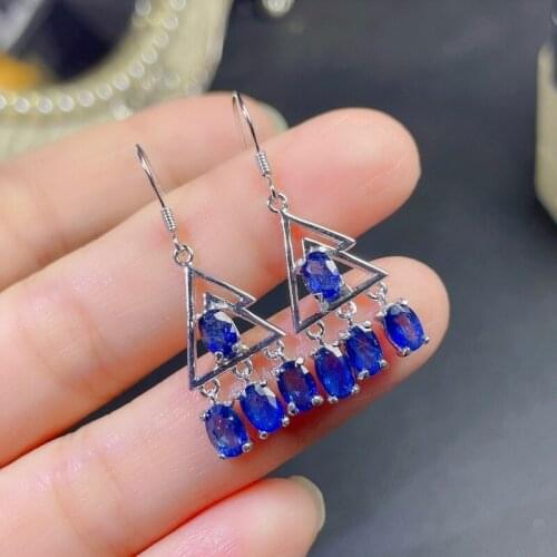 Ethnic Long Tassels Leaf Natural Sapphire Drop Earrings 925 Silver Natural Sapphire Earrings Women Party Gift Jewelry