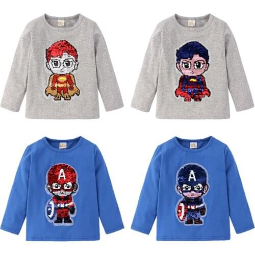Change Color Tshirt Boys Clothing Autumn Spring Pullover Children Cotton Switchable Sequins O-neck Captain America Outfit Shirts