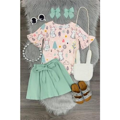 2PCS Newborn Baby Girls Clothes Sets 1-5Y Bunny Rabbit Flare Sleeve T-shirt Skirts Outfits Clothes Set