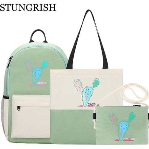 3Pcs Cactus Printing School Backpack Set Children Girls Book Bag Primary Kids Schoolbag Travel Daypack Shoulder Bag Waterproof