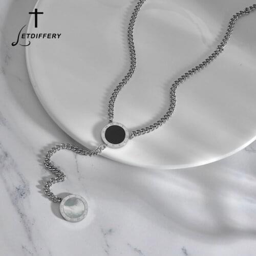 Letdiffery Fashion Roman Numerals Long Necklace Pendant Stainless Steel Black White Shell Pendant Women Men Jewelry Gifts