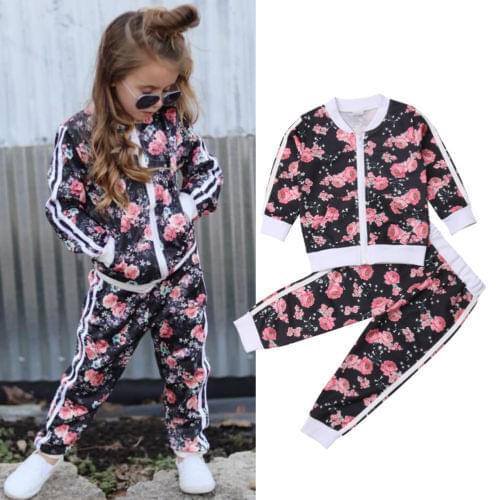Fashion Sportswear Floral Toddler Baby Kids Boy Girl Outfits Clothes Tops +Pants